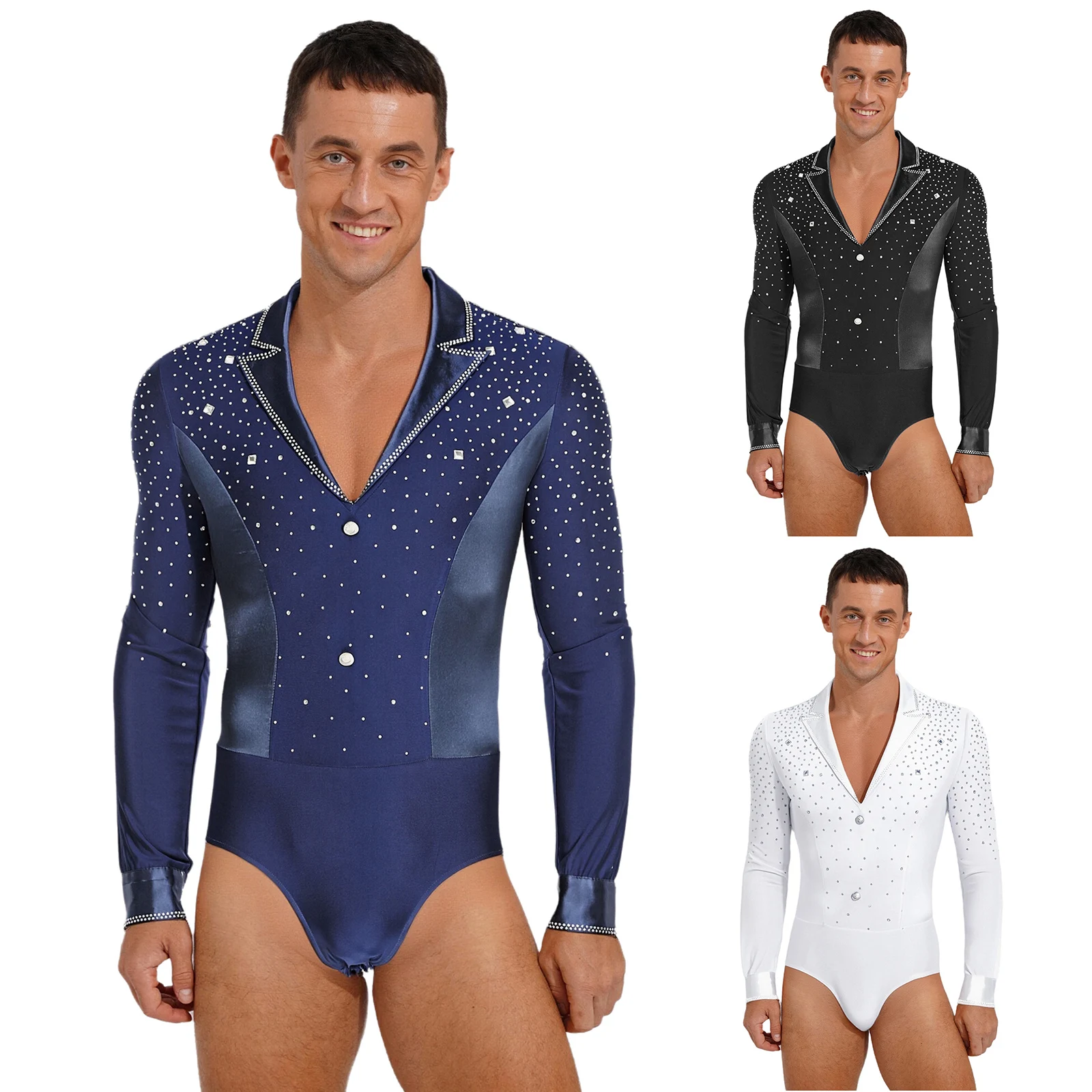 Mens Latin Tango Dance Bodysuit Shirt Glittery Rhinestone Lapel V Neck Long Sleeve Leotard Jumpsuit for Chacha Figure Skating