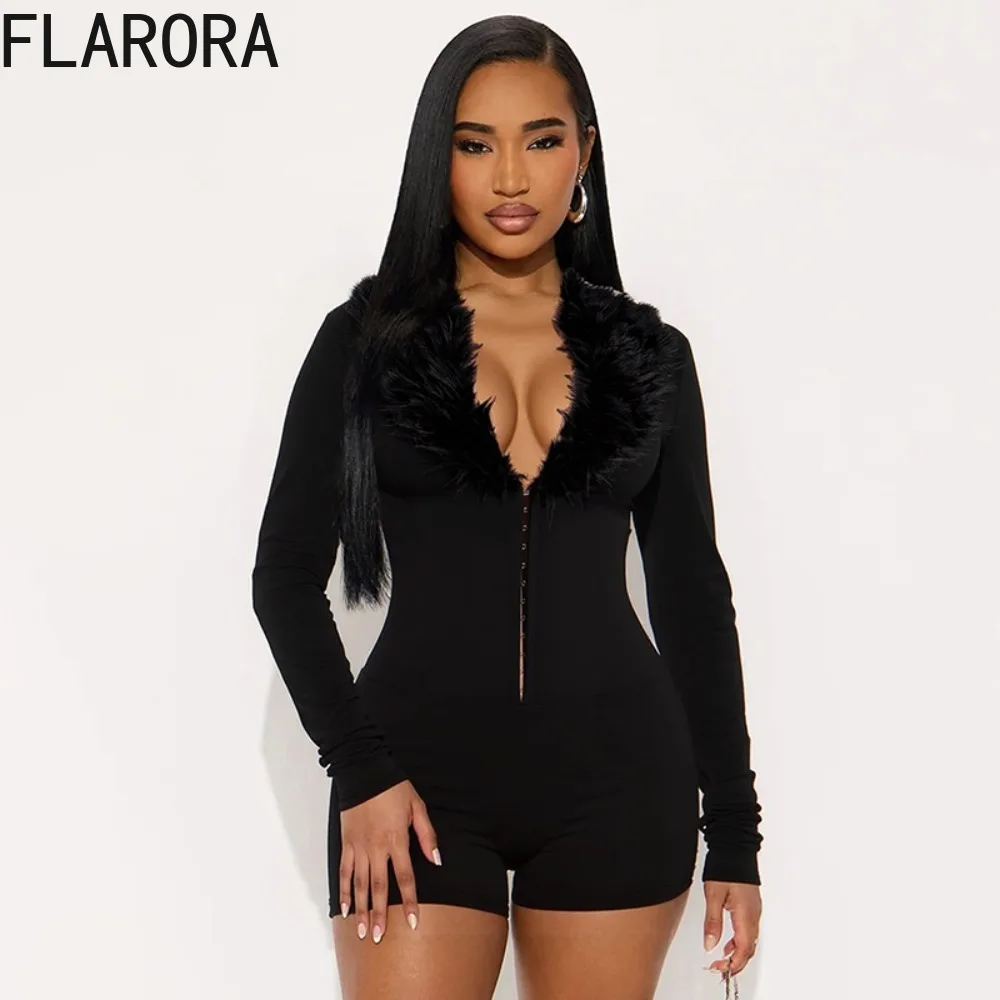 

FLARORA Fashion Furry Patchwork Rompers Woman Deep V Neck Full Sleeve Single-breasted Bodycon Playsuits Sexy Party Clubwear