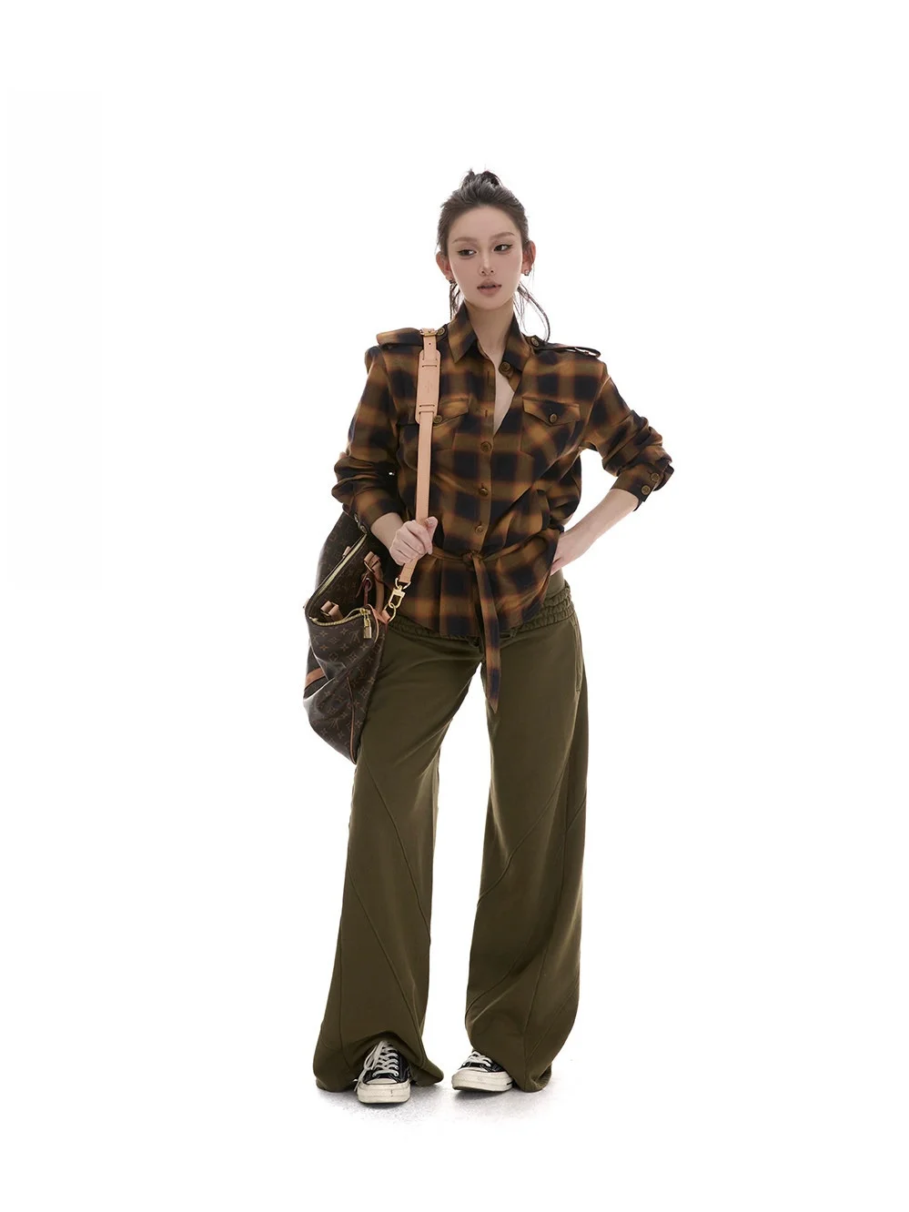 

Itsdinn Pure Cotton Plaid irt Women's oulder Padded Handmade Metal Button Loose Fit Long Sve Spring Autumn Top