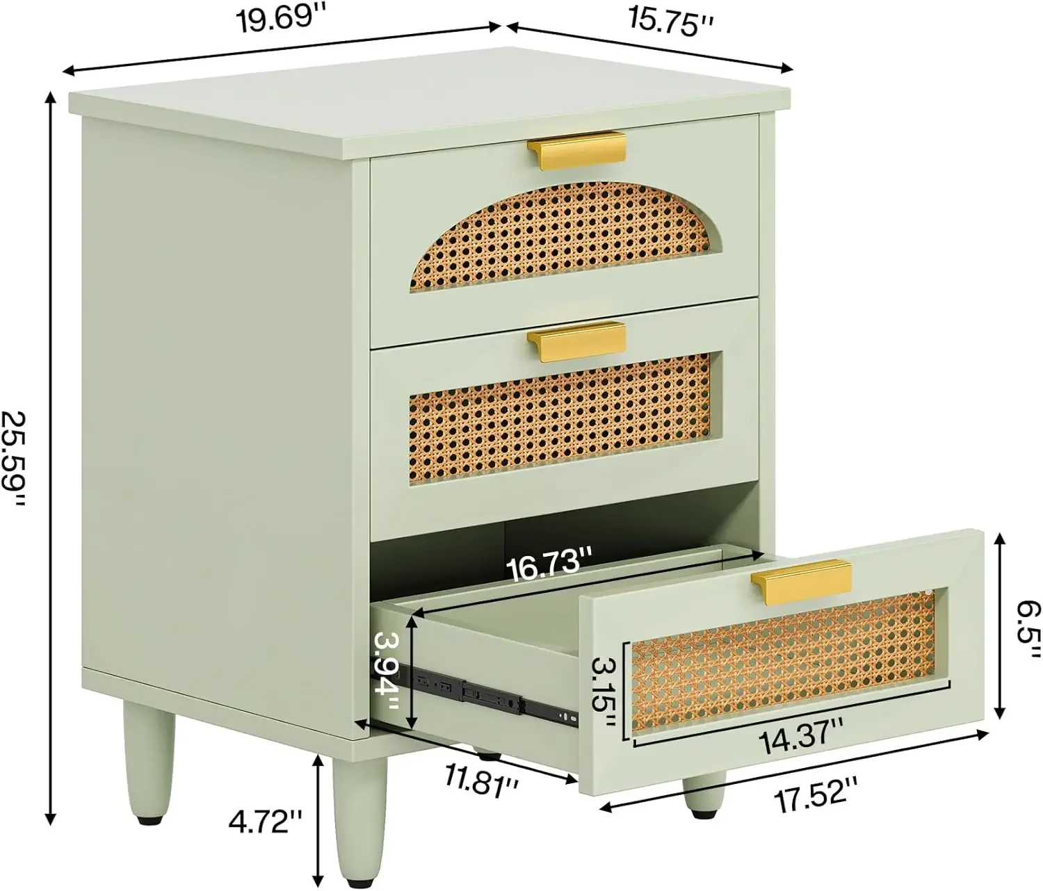 Mint Green Nightstand, 3-Drawer Rattan Night Stand Side Table, Accent Bedside Tables