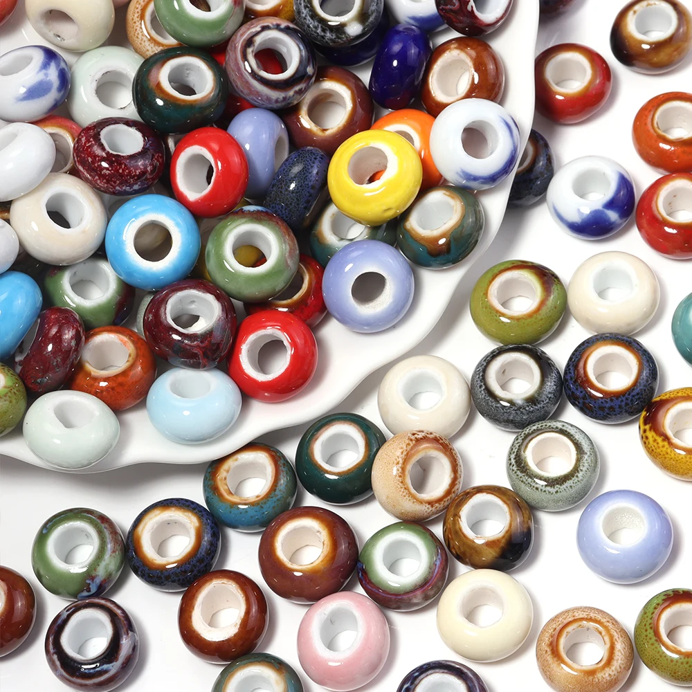 10Pcs 9x15mm Coloful Ceramic Beads Big Hole Diy Handmade Spacer Loose Round Porcelain Beads for Jewelry Making Accessories