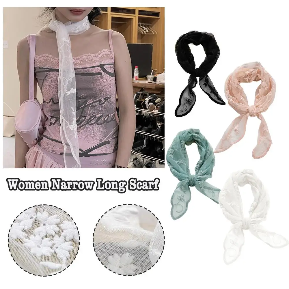 1pcs Women Lace Scarf Sweet Embroidered Triangle Narrow Long Scarf Color Silk Long Ribbon Scarf