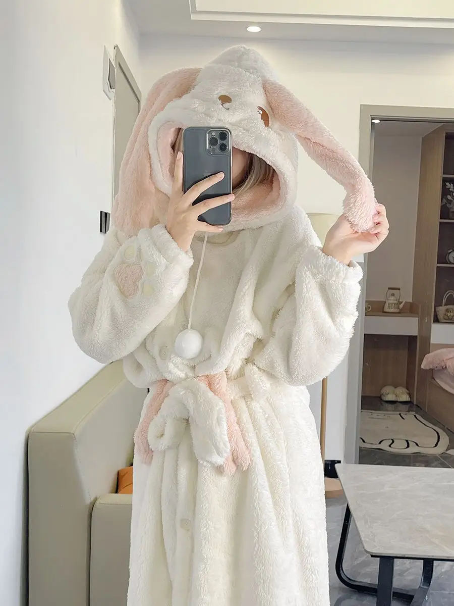 Cartoon Big Eared Rabbit Flannel Pajamas For Women In Winter, Thickened Coral Fleece Warm Home Clothes, Nightgowns, Long Pants