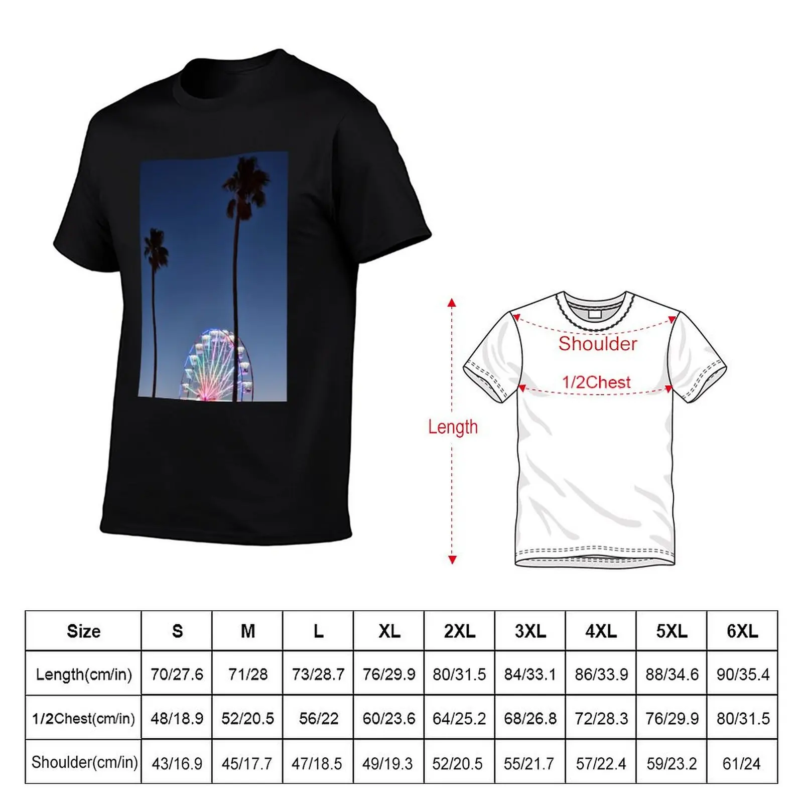 Ferris wheel at sunset - St Kilda Beach, Melbourne Australia T-Shirt Simple Solid Color Crew Neck Tee