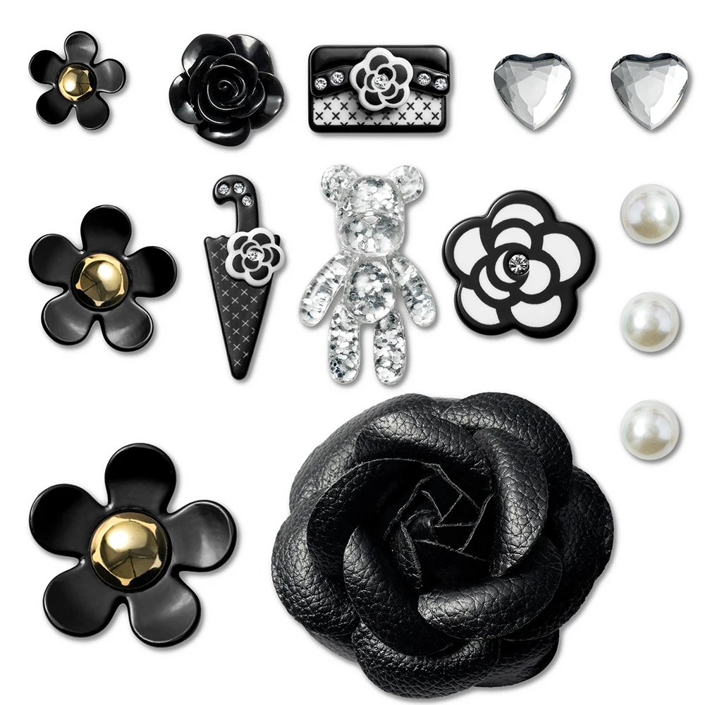 14Pcs rose black Shoe Chains Set Flower Bear Pearl Pendant Gothic Accessories Decoration for Skirts Belt Bags Tea Party