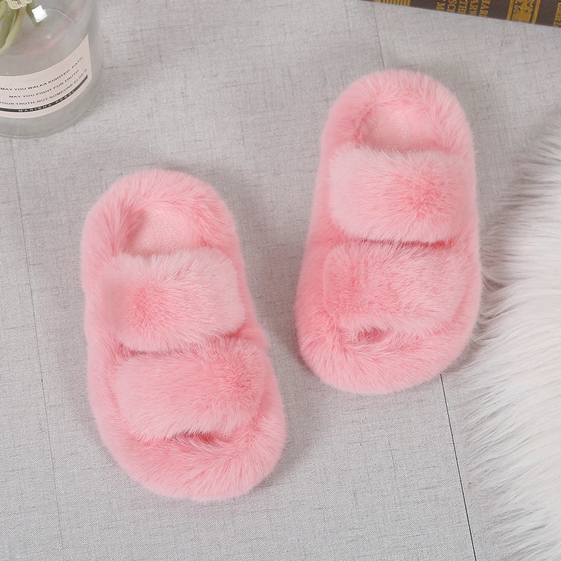 Pantofole invernali in pelliccia per ragazze pantofole classiche semplici in peluche per bambini moda antiscivolo Open-toe per bambini scarpe in cotone causale versatili