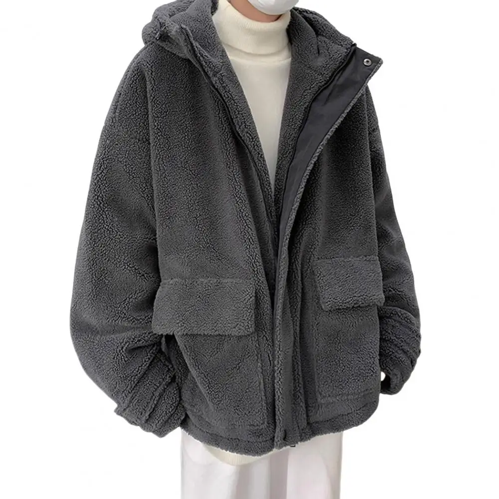 Men Hooded Cotton Jacket Imitation Lamb Wool Jacket with Pockets Autumn Winter Loose Outwear Coat