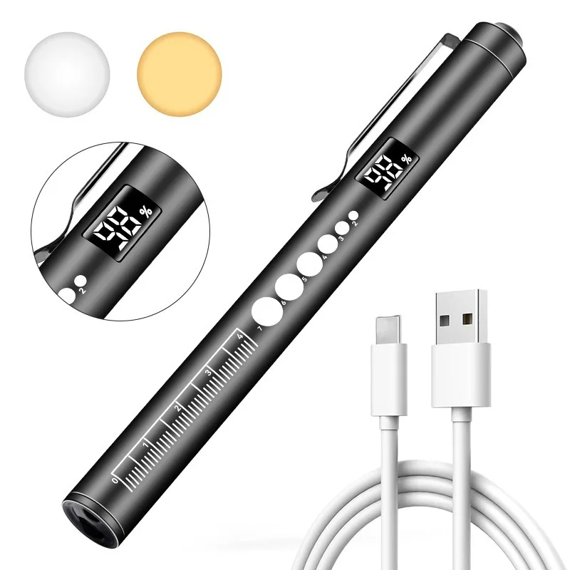Electric Display Medical Pen Lamp Rechargeable Yellow White Dual Light Source Oral Light Stainless Steel Pupil Inspection Lamp
