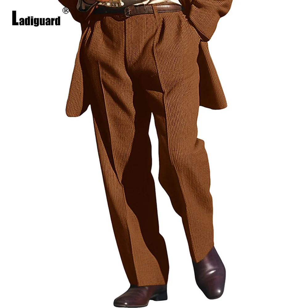 2025 Men's Stand Pocket Corduroy Suits Pant Solid Brown Gray Basic Straight Trousers Plus Size Mens Elegant Knitted Pants New