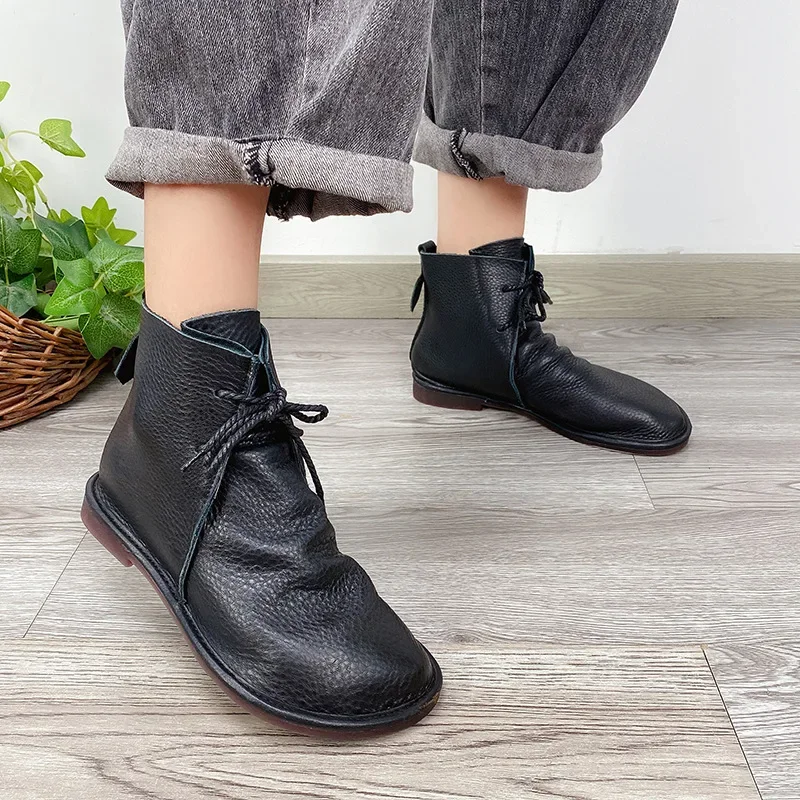 Birkuir Genuine Leather Ankle Boots Flats Shoes For Women Short Boots Lace Up Flat Sole Soft Comfort Concise Leisure Ladies Boot