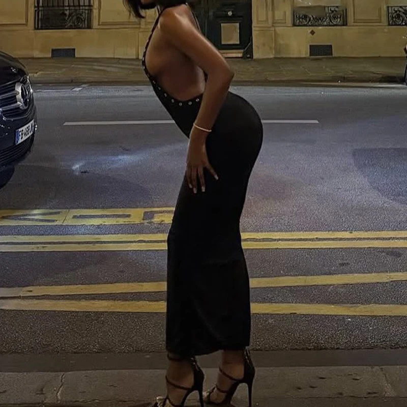 Vrouwen elegante mouwloze backless split zwarte jurk sexy U-hals effen kleur magere jurk mode metaal versierd slanke lange jurk