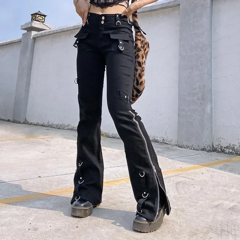 

Low Waist Jeans Women Denim Straight Flare Pants Vintage Pockets Zipper Denim Punk 2025 Autumn Streetwear Ankle Length Trousers