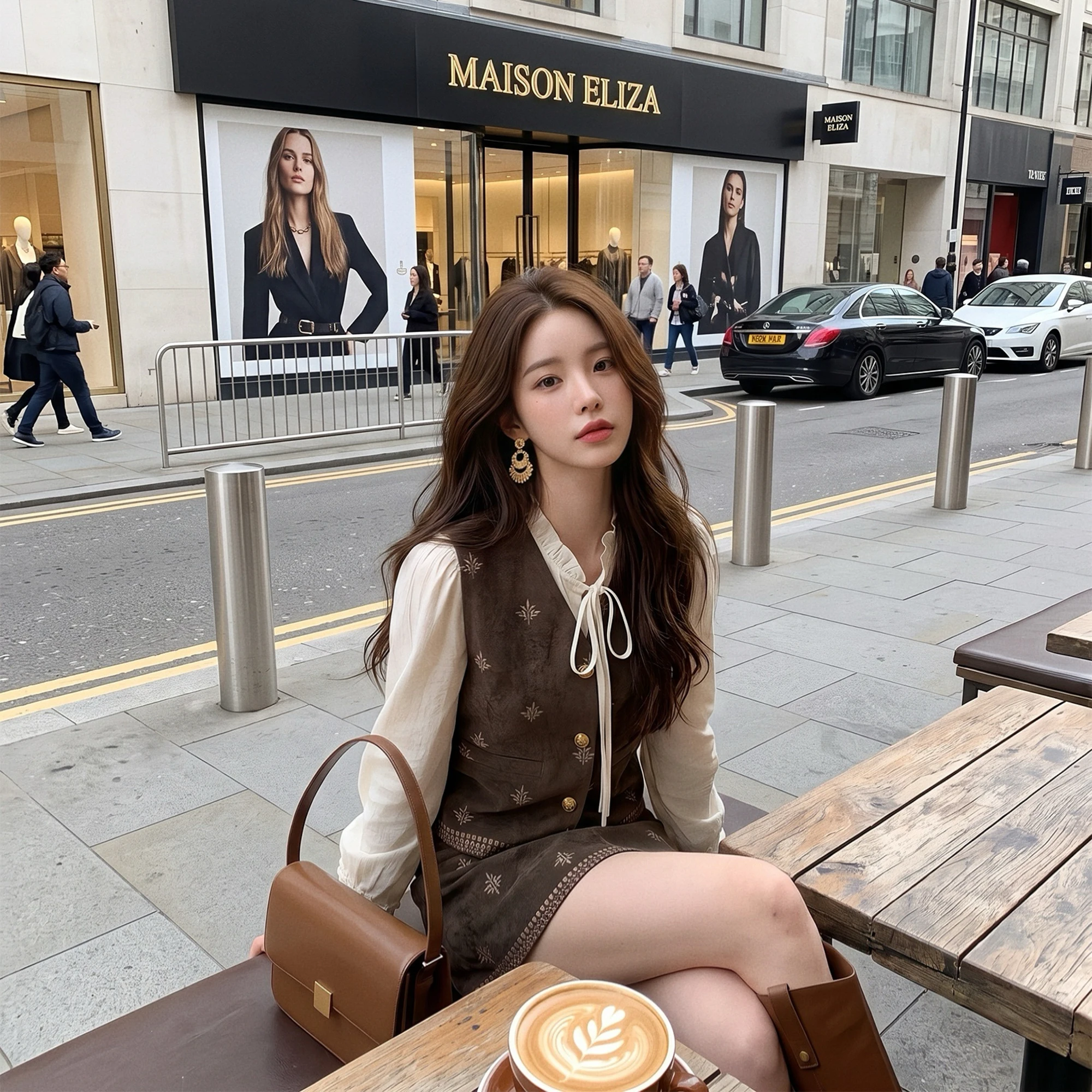 Fall Women Skirt Suits Coffee Color Sleeveless Top Long Sleeve Shirt and Slim Fit Short Skirt Outfit Ensemble Femme DM3CSJ004