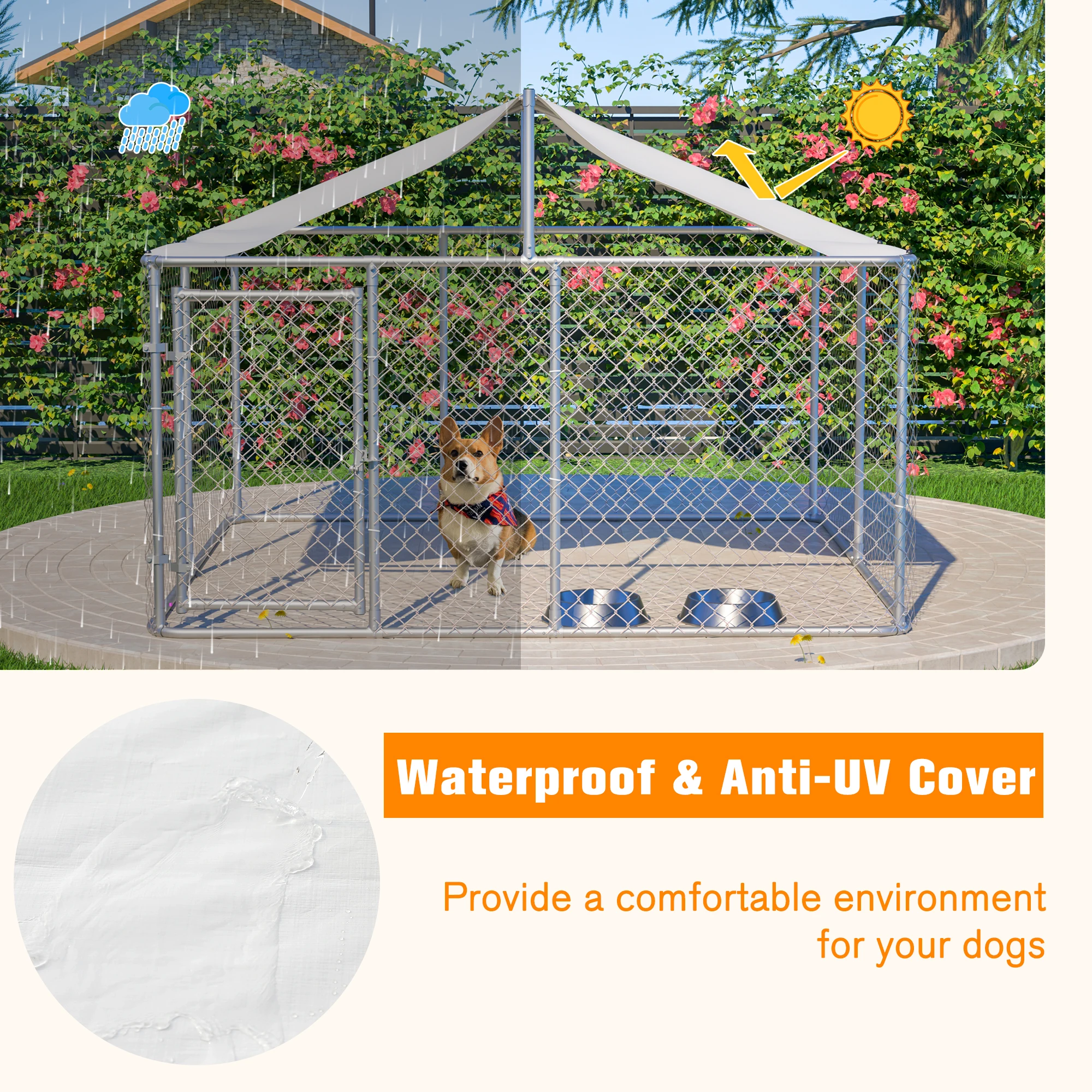 7.5x7.5 ft Heavy Duty Galvanized Steel Outdoor Dog Kennel Waterproof UV Cover Lockable Gate Pet Playpen Enclosure