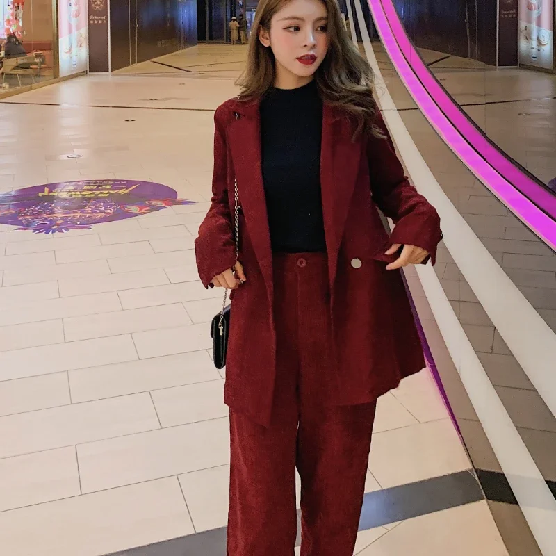 Woman\'s Retro Casual Corduroy Blazer Trousers Suit French Commuter Loose Double-breasted Suit and Wide-leg Pants Two-piece Sets