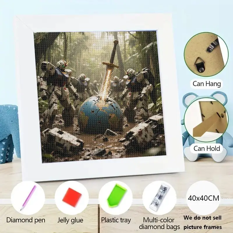 

5D Full Drill Diamond Painting Kit, Epic Sci-Fi Mecha Robot Army & Glowing Sword Piercing Shattered Earth in Jungle, DIY Crystal