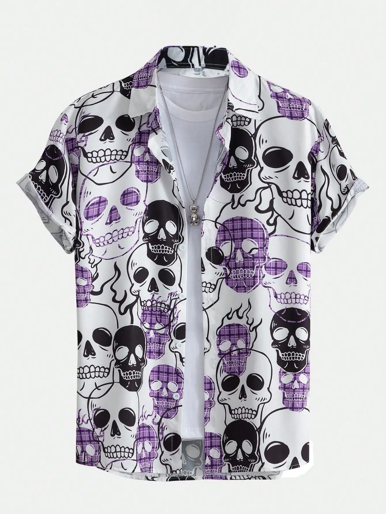 

Men's Short Sleeve Button-Up Shirt with Skull and Plaid Print, Casual Loose Fit