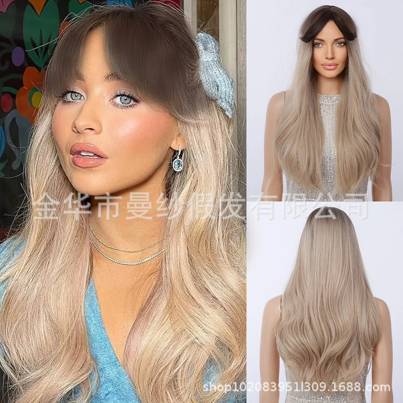 Wavy bangs with gradient light brown color, large waves, high-temperature synthetic fiber wig