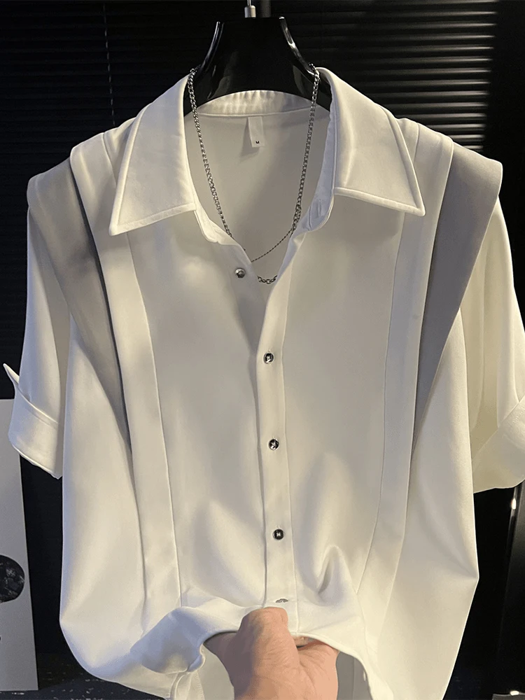 Casual Layered Split-Sleeve Shirt for Men Summer Oversized Padded Shoulder Lapel Collar Shirt Jacket with Silver Chain Pendant