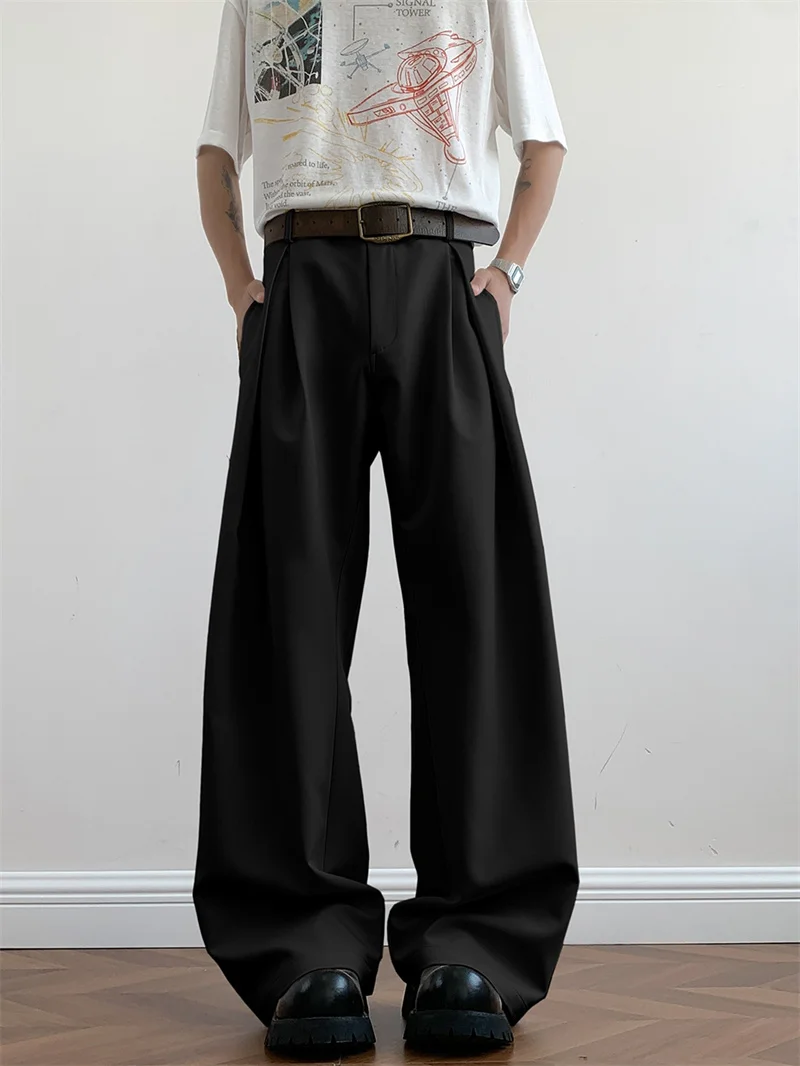 

Black A-Line Pleated Men's West Pants Loose Wide Leg Anti-Wind Stylish Casual Long Trousers Youth Fashion Winter Season