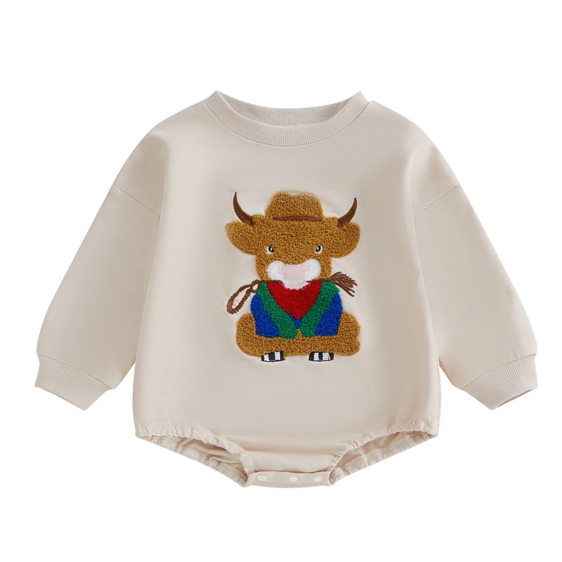 Baby Romper Long Sleeve Crew Neck Embroidery Animal Fall Bodysuit Clothes for Girls Boys