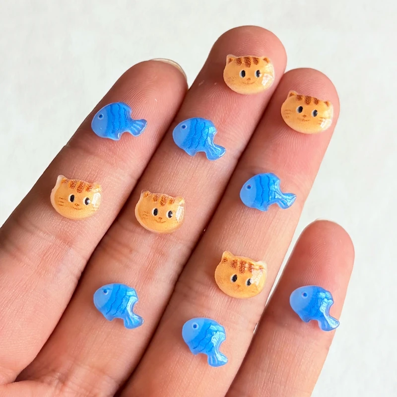 55 cute cartoon cat and fish resin accessories, 3D animal nail art decorations, DIY jewelry crafts A156