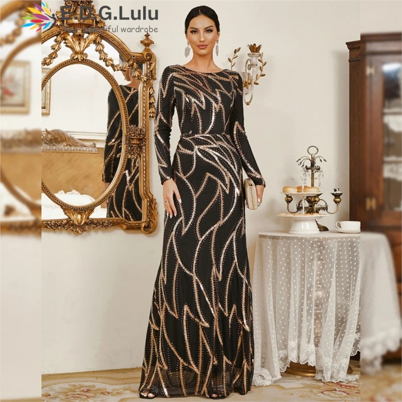 EDGLuLu Autumn 2024 Gold Glitter Print Formal Evening Dresses Women 2024 O Neck Long Sleeved Elegant Long Party Dress 1011