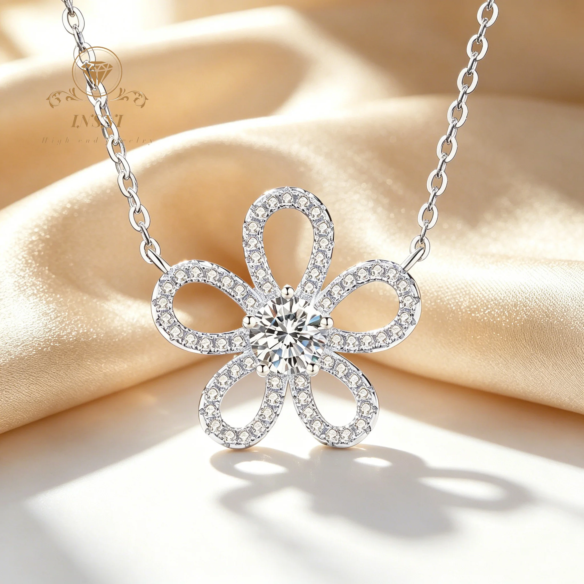 Moissanite S925 Sterling Silver Necklace Women's, Five-petal 1-carat Moissanite Collarbone Chain Light Luxury Affordable Jewelry