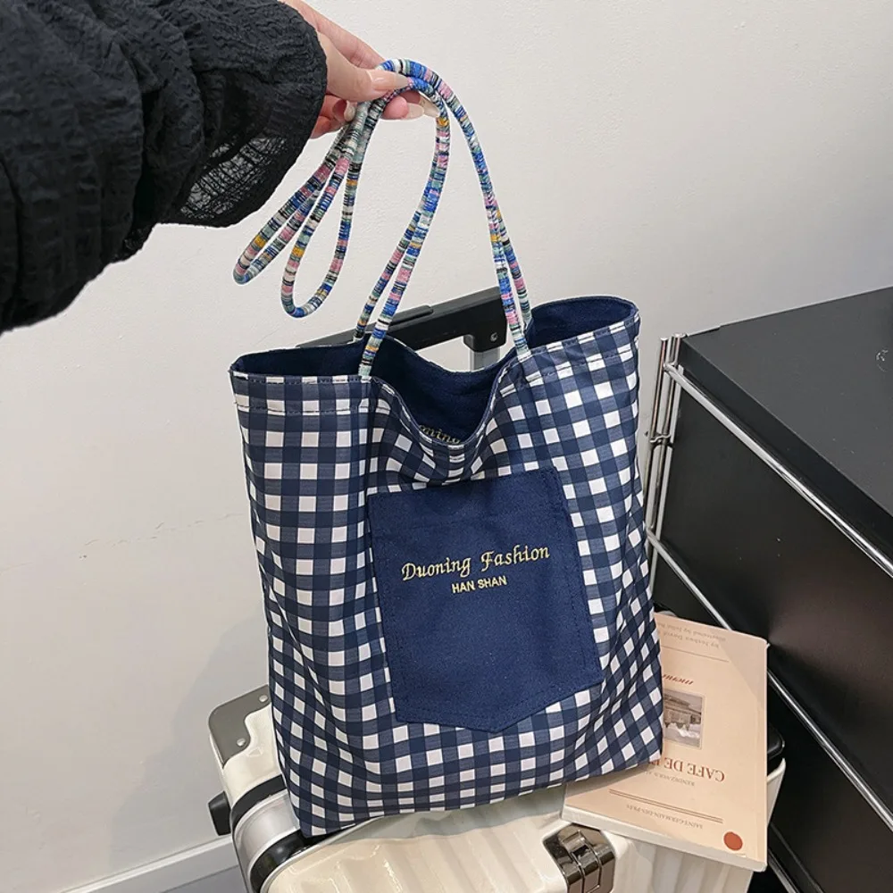 

Casual Sweet Double Sided Plaid Vest Bag Lattice Japanese Style Denim Shoulder Bag Commuting Cloth Canvas Tote Bag Student