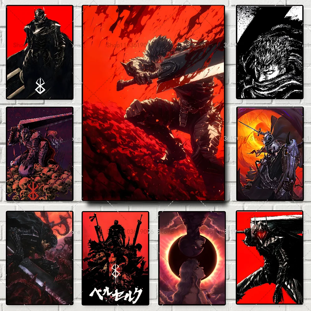 Berserk Japanese Classic Cartoon Anime Poster Self-adhesive Art Waterproof Paper Sticker Coffee House Bar Room Wall Decor