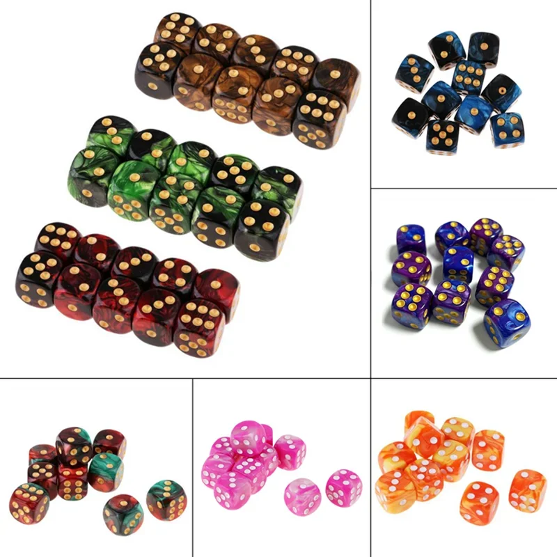

Набор квадратных перламутровых игральных костей 16 мм, 10 шт., шестисторонние акриловые игральные кости с большим отверстием, двухцветные кости для TRPG, для ролевых игр DND, настольная игра