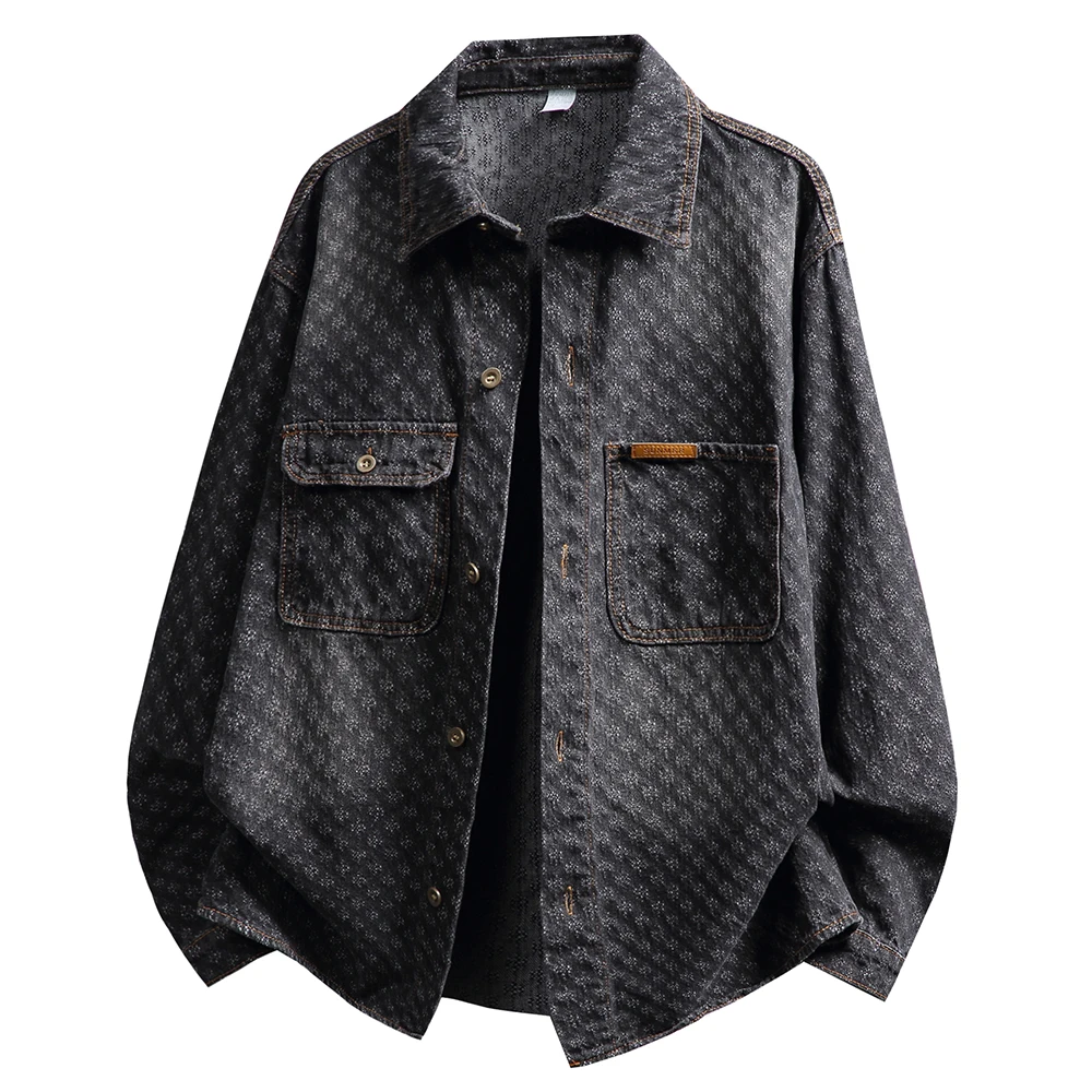 Men Loose Denim Shirt Jacquard Weave Cotton Jean Jacket Casual Vintage Blue Black Top Outerwear