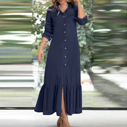 New Women's Unisex Style Long Sleeved Loose Denim Dress with Lapel Button Up Cardigan Solid Color Casual Loose Denim Long Dress