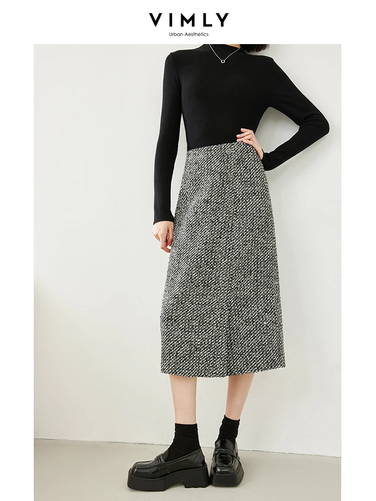 Vimly French Style Wool Blend Black Striped Skirts 2023 Winter Quilted Thick Elastic Waist  A-line Split Midi Skirt Female M3922