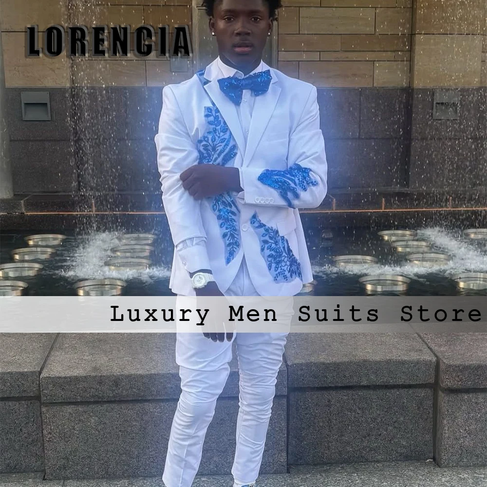 Simple Crystal Suits for Men 2 Pcs Sparkling Applique Tuxedos Set Wedding Groom Outfits Customized Blazer Pants ropa hombre