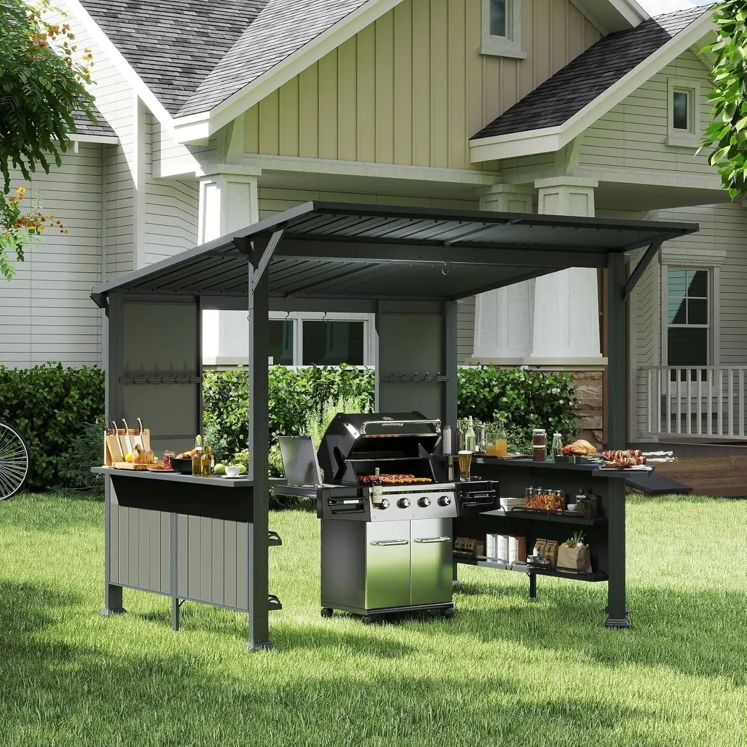 ！@9X10FT Hardtop Grill Gazebo with Storage Shelves and Expansion Platform, Galvanized Steel Permanent Grill Canopy, Grey