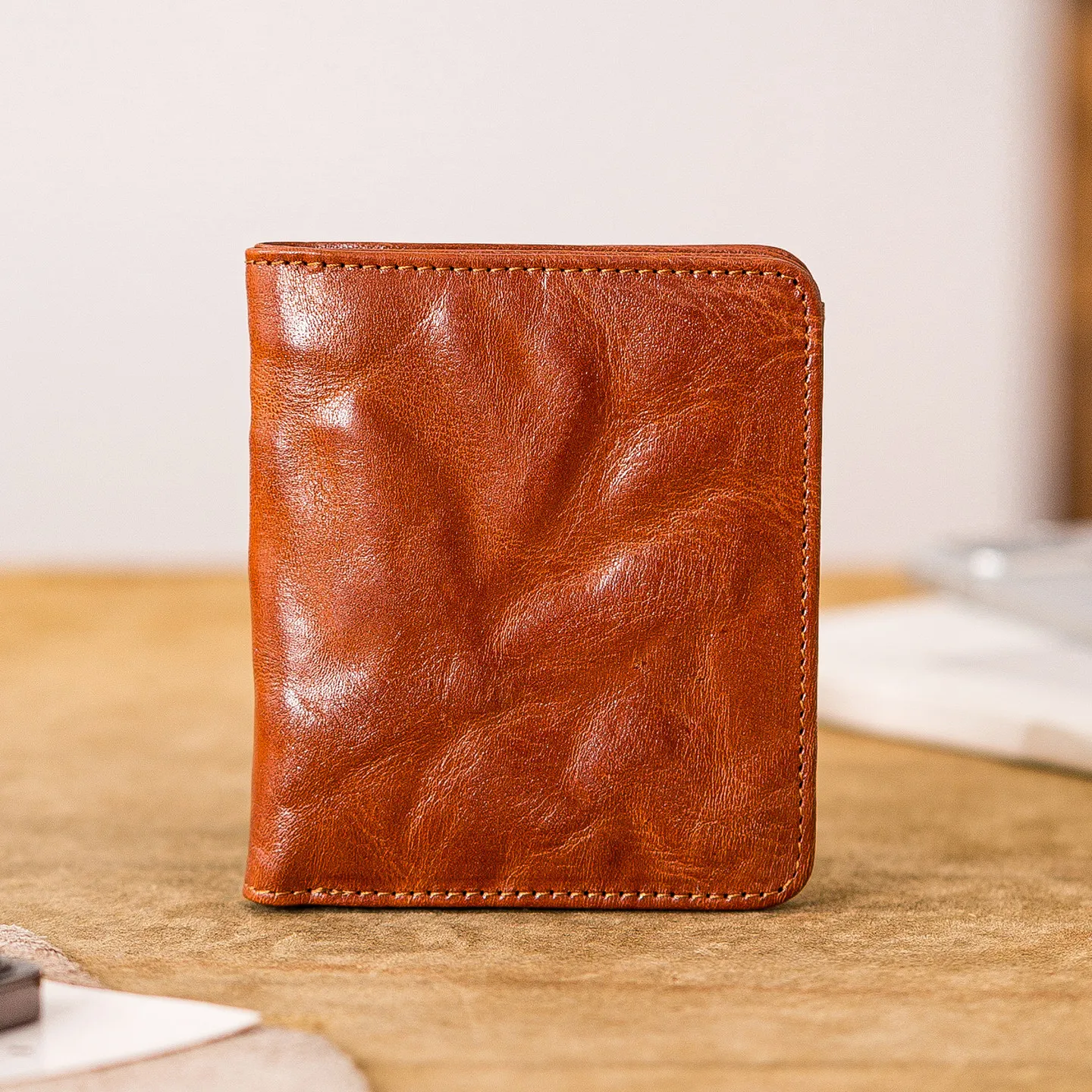 PNDME simple casual high-quality genuine leather men's short wallet fashion luxury handmade cow leather ID card holder purse
