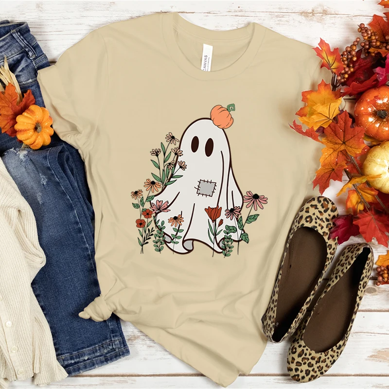 Summer Womans Halloween Flower Ghost Pumpkin Graphic T Shirt Fashion Female Short Sleeve Clothes Cartoon Funny Streetwear Tshirt