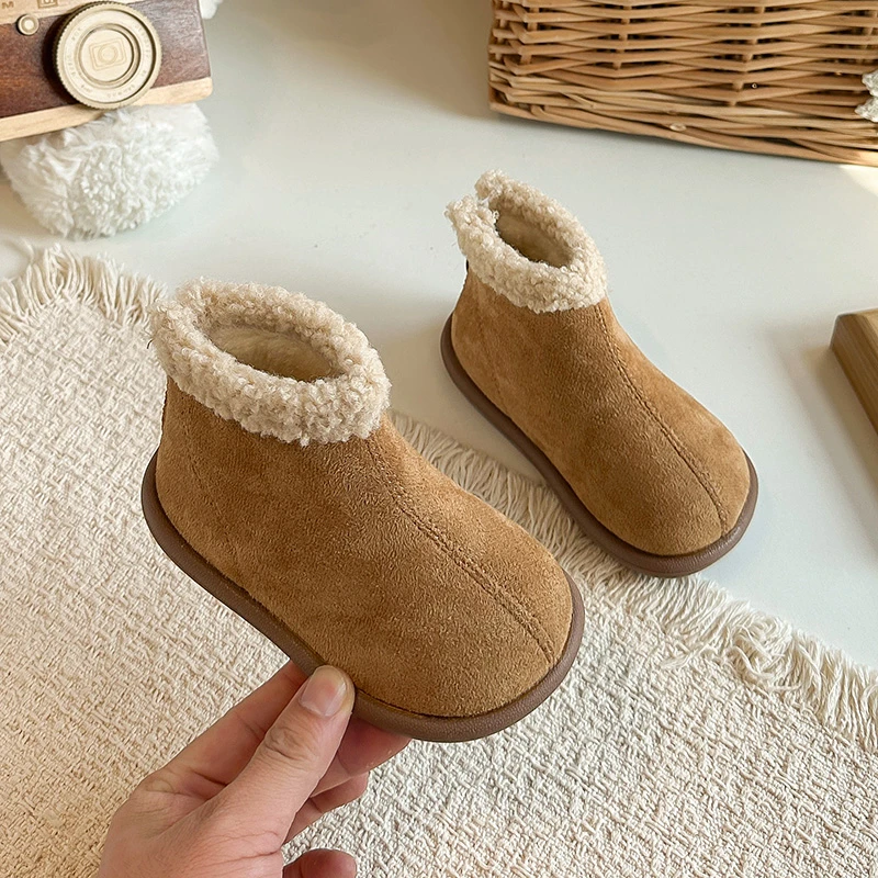 Toddler Girls Suede Leather Boots 2026 New Winter Fur Collar Warm-lined Ankle Boots Non-slip Simple Comfort School Snow Boots