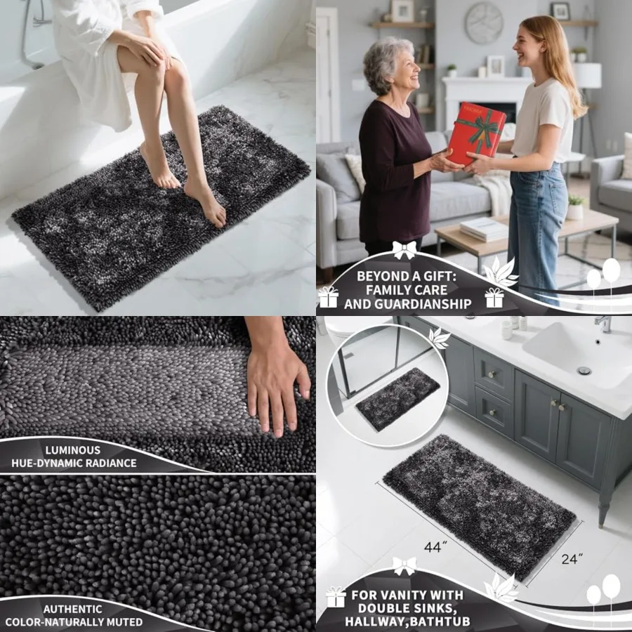 

Long Bathroom Rug Non Slip 44x24 Inch, Extra Thick Soft Absorbent Chenille Bath Mat, Machine Washable Quick Dry Bath Rugs for B