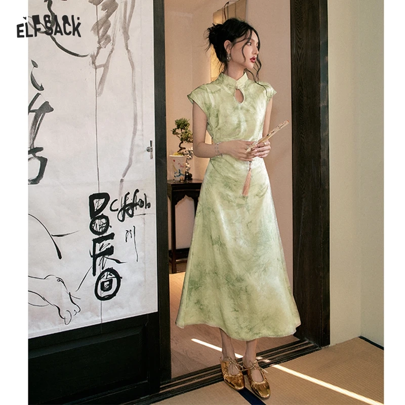 ELFSACK 2024 Spring New Arrivals Neo-Chinese Style Stand Collar Cheongsam Women Elegant Traditional Chinese A-line Dress