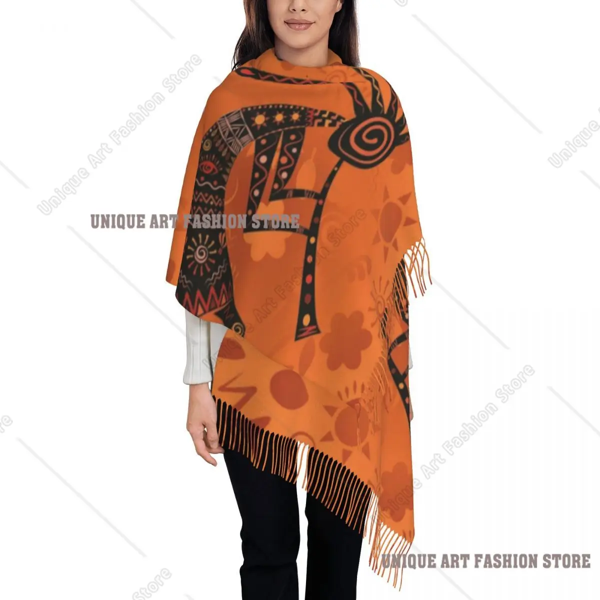 

Custom African Tribal Kokopelli Tassel Scarf Women Soft Shawls Wraps Female Winter Fall Scarves