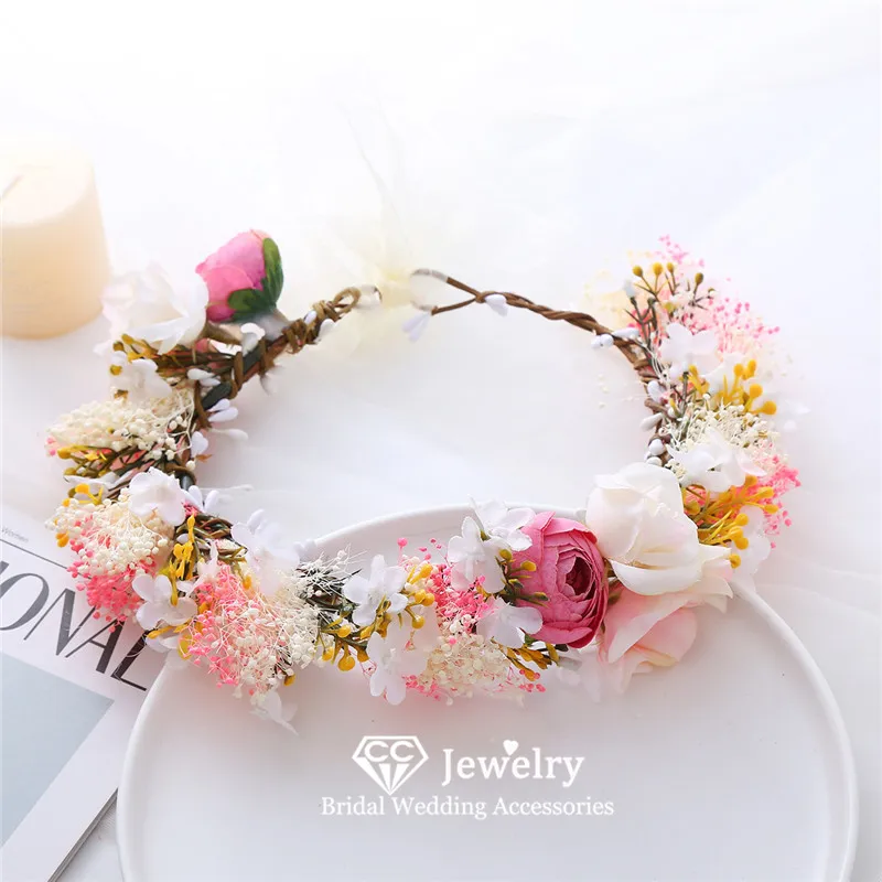 

CC Цветочная Корона Свадебные Аксессуары Для Волос Женские Прически 100% Романтические Ободки Для Волос Ручной Работы Розовый Цвет Венок Головной Убор Подарок at148