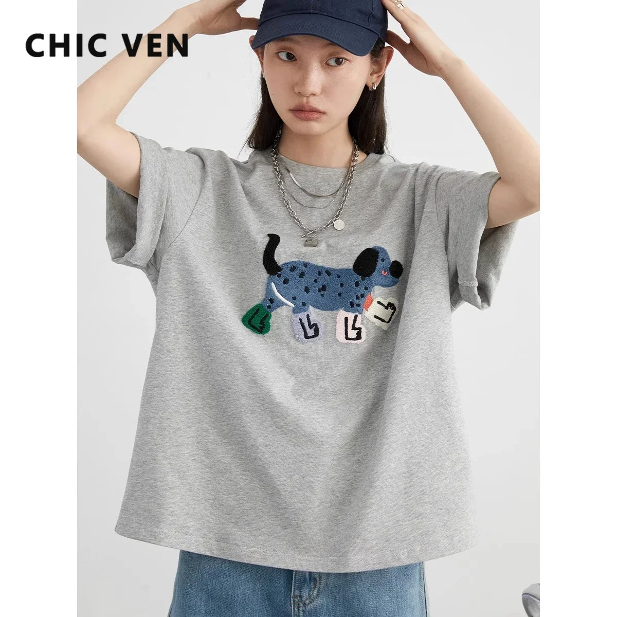 CHIC VEN koszulki damskie luźna odzież uliczna unisex zabawny pies haftowany bawełniany krótki rękaw dziewczęcy Tees top damski lato 2025