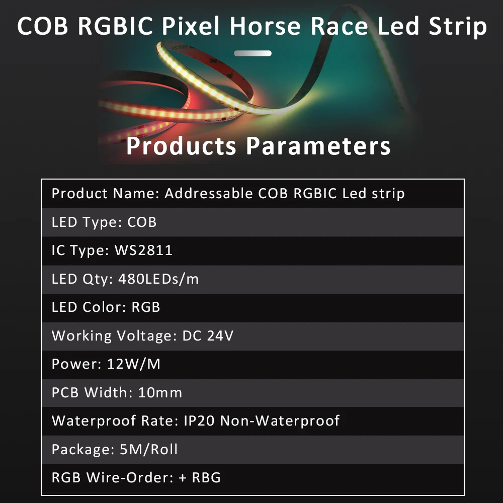 Bande lumineuse LED COB RGBIC WS2811 DC 24V colorée, 5/10/15/20m, ruban de course de chevaux flexible, télécommande sans fil