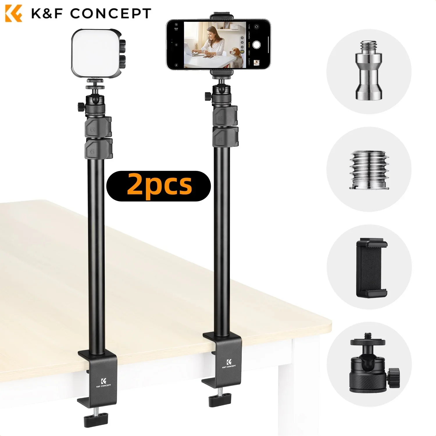 K&F CONCEPT Camera Bureaubeugel 360° ° Balhoofdtelefoonclip 1/4"-3/8" Schroef 16"-37" Verstelbare lichtstandaard C-klem voor DSLR, Webcom