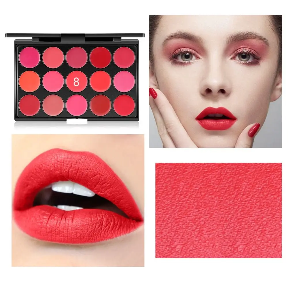 Non-Sticky Cup Matte Lipstick Palette with Mirror Waterproof Long Lasting 15 Color Lip Gloss Palette Beauty Moisturizing Female