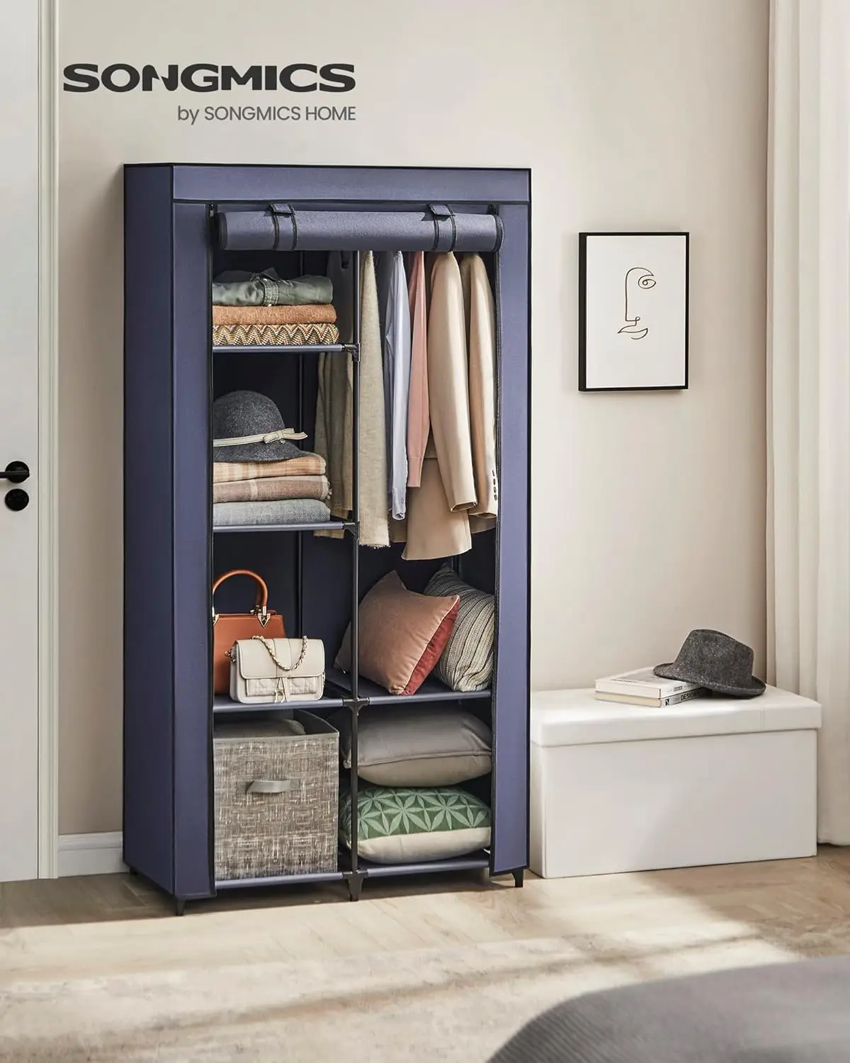 Portable Closet, 34.6 Inch Large Capacity Wardrobe Closet Organizer with Fabric Cover, Hanging Rods and Shelves, 34.6 x 17.7 x 6