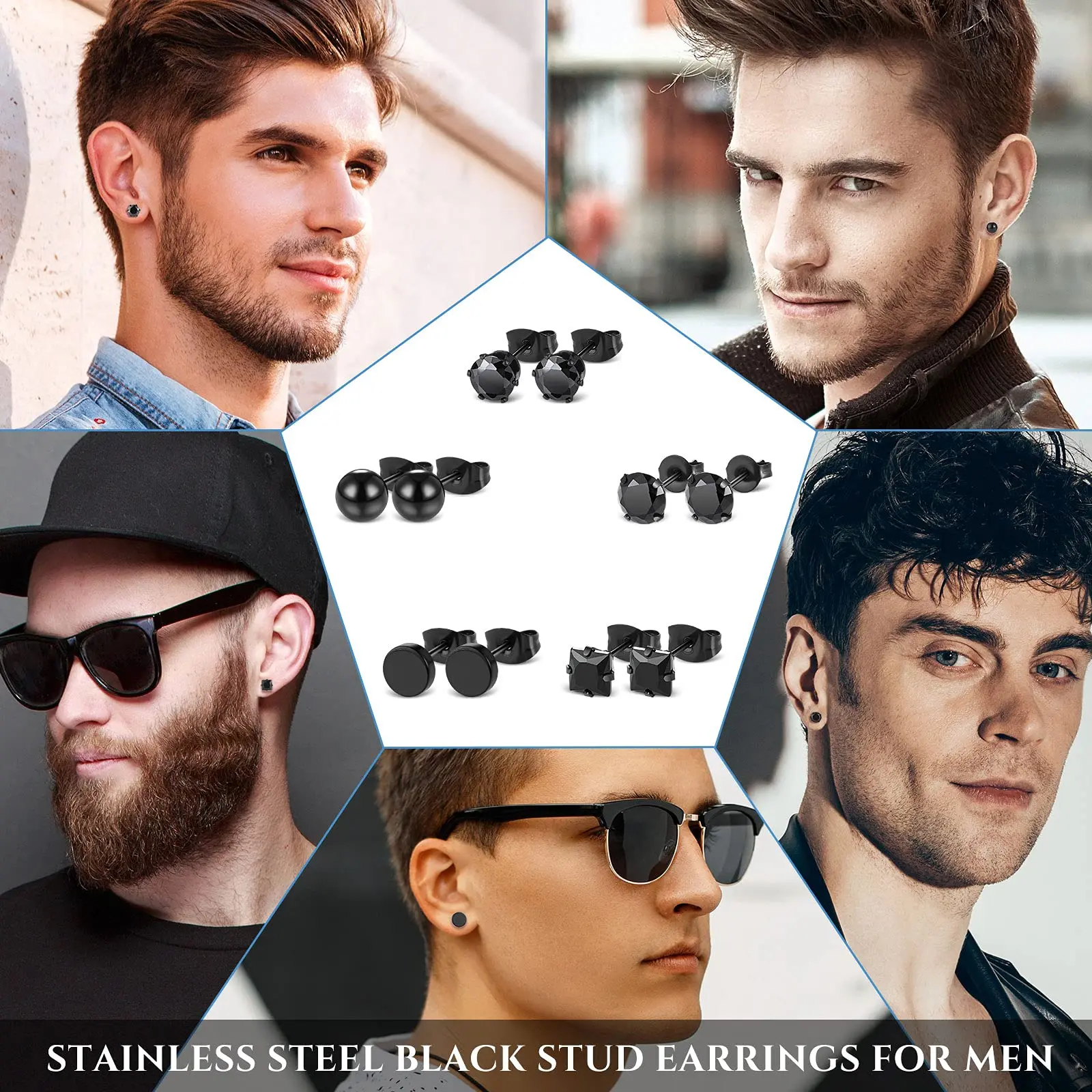 1 Pair Punk Stainless Steel Black Square Studs Earrings Round Fake Cartilage Ear Studs CZ Inlaid Piercing Earrings Set