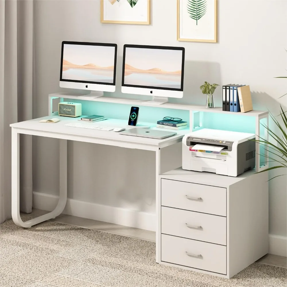 

HOMBCK 67” White Desk with 3 Drawers and Storage, Reversible White Office Desk Computer Desk with Monitor Stand, Home Office